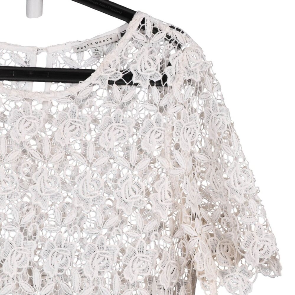 Haute Monde Floral Blouse XL Womens White Lace Short Sleeve Sheer Career Casual - Picture 2 of 6